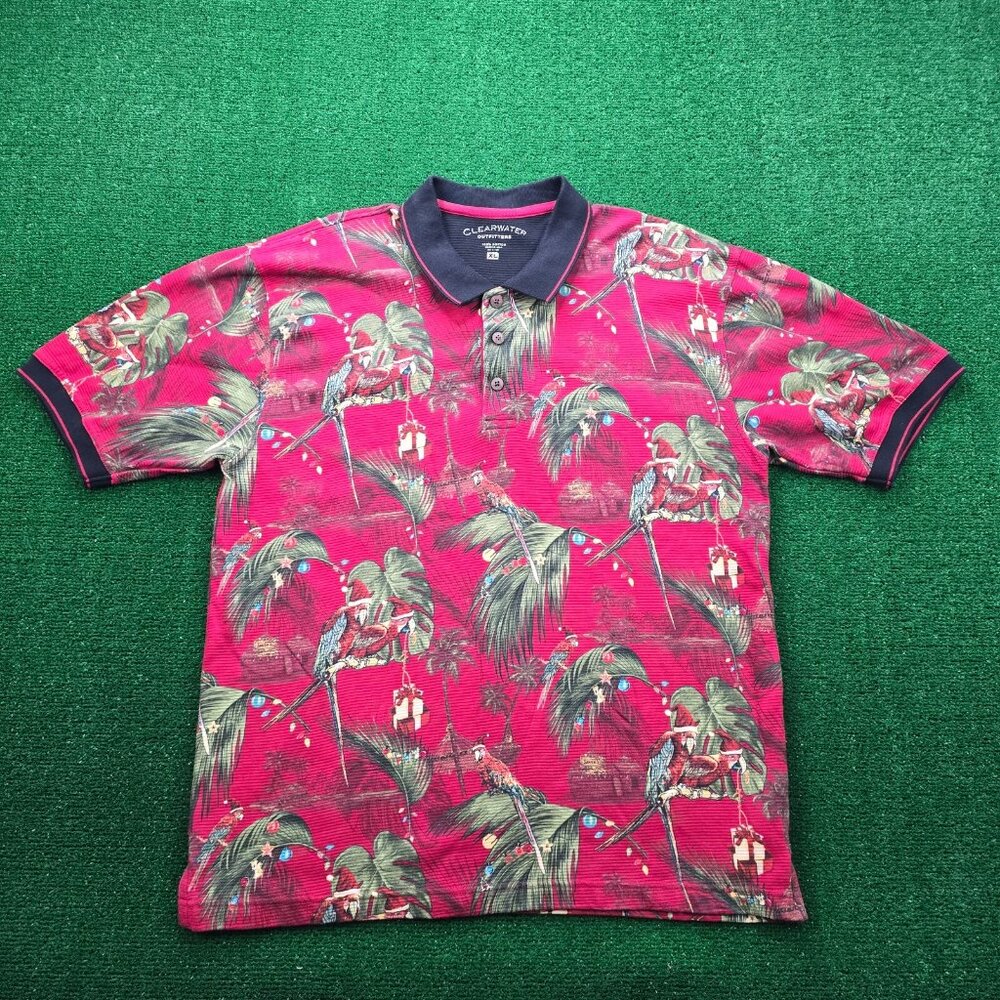 Clearwater Polo Shirt Mens XL Red  Golf‎ Parrot Christmas Palm Tree Beach AOP